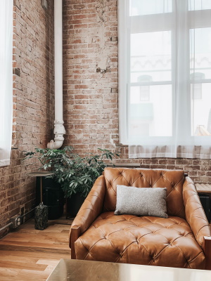 This South Carolina apartment's living room has brick walls with industrial look. This apartment has rental insurance through Manning Insurance Services.